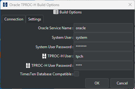 Oracle TPROC-H Build Connection Options