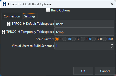 Oracle TPROCH Build Settings Options