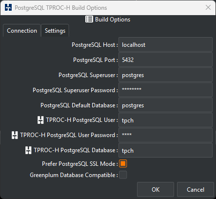 PostgreSQL TPROCH Build Connection Options