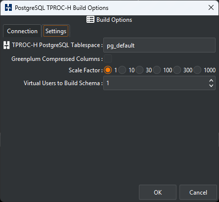 PostgreSQL TPROCH Build Settings Options