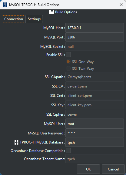 MySQL TPROCH Build Connection Options