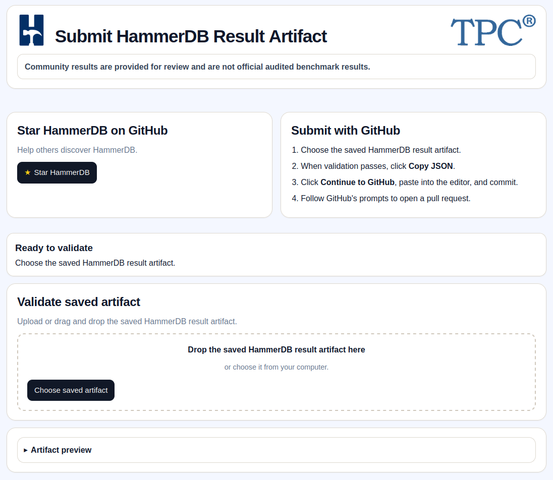 Submit HammerDB Result Artifact Page