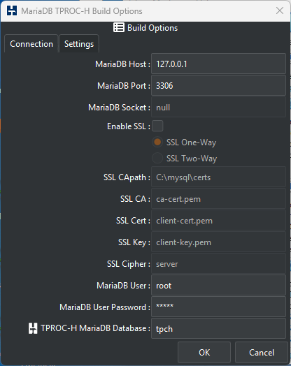 MariaDB TPROC-H Build Connection Options