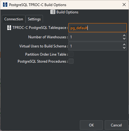 PostgreSQL Build Settings Options