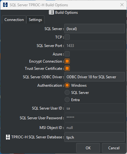 SQL Server TPROC-H Build Connection Options