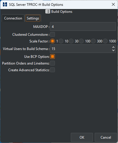 SQL Server TPROC-H Settings Options