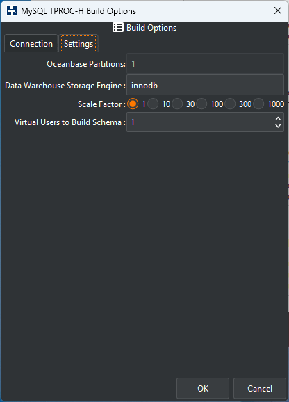 MySQL TPROC-H Build Settings Options