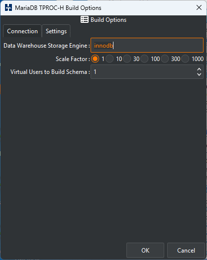 MariaDB TPROC-H Settings Connection Options