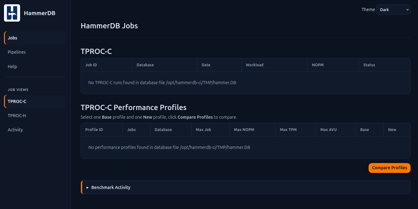 HammerDB Web Service Jobs Page